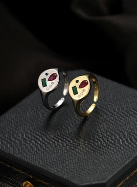 s925银复古彩色宝石镶嵌锆石戒指女小众设计感圆形开口指环