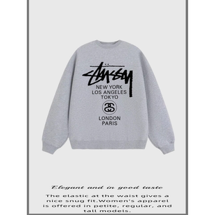 瑞斯图西圆领加绒卫衣世界巡游系列Logo印花圆领卫衣男女款