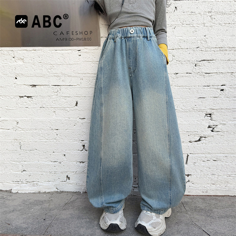 ABC女童春秋阔腿牛仔裤2026款