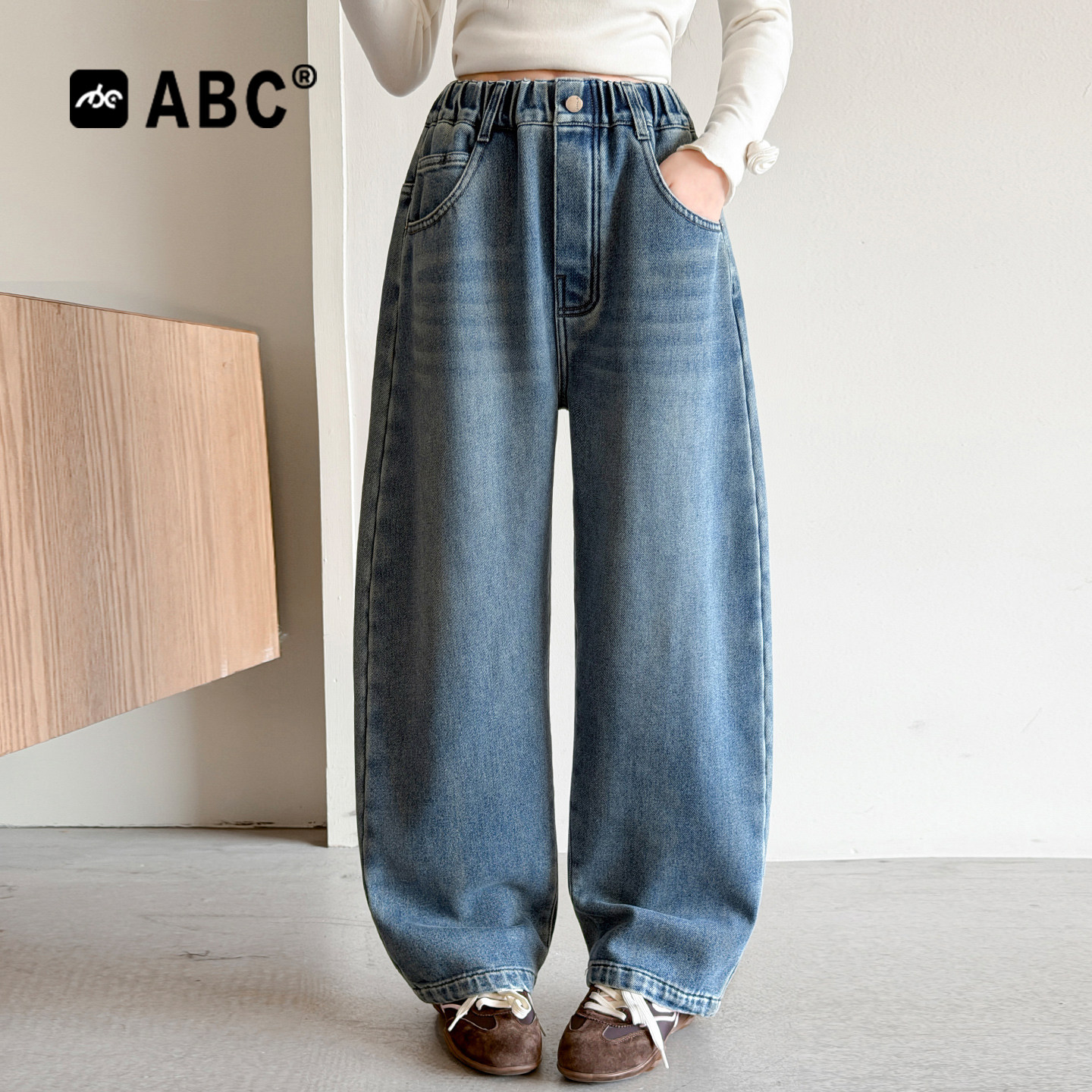 ABC女童秋冬百搭牛仔裤中大童休闲宽松一体绒长裤儿童加绒阔腿裤