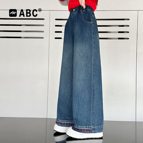 ABC女童牛仔裤春秋6-12岁儿童新款阔腿裤子中大童直筒牛仔裤