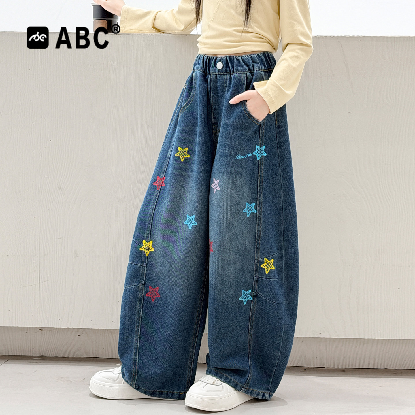 ABC女童春秋牛仔裤6-12岁儿童五角星绣花裤子中大童秋季直筒长裤