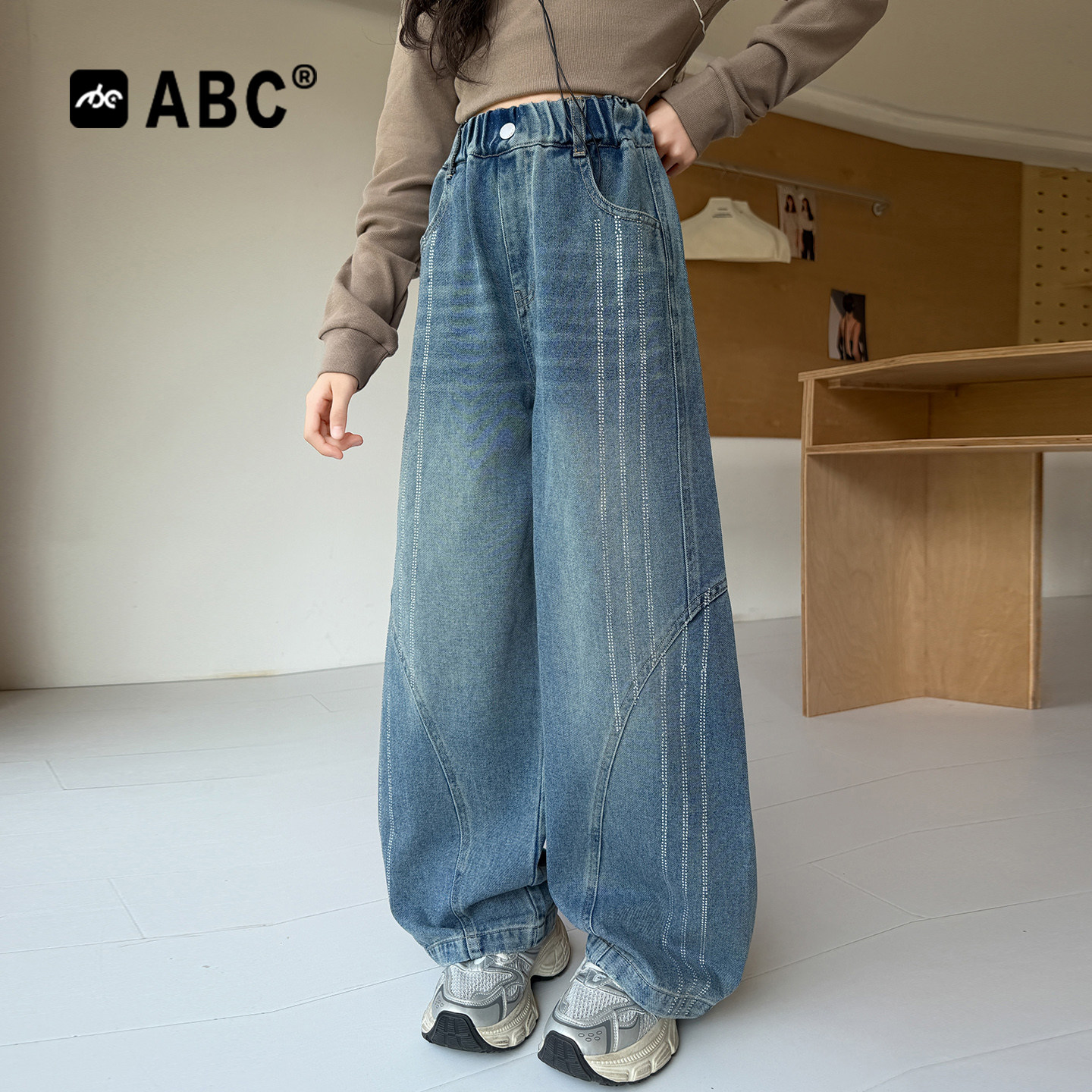 ABC女童春秋烫钻牛仔裤6-12岁儿童新款裤子中大童洋气直筒长裤潮