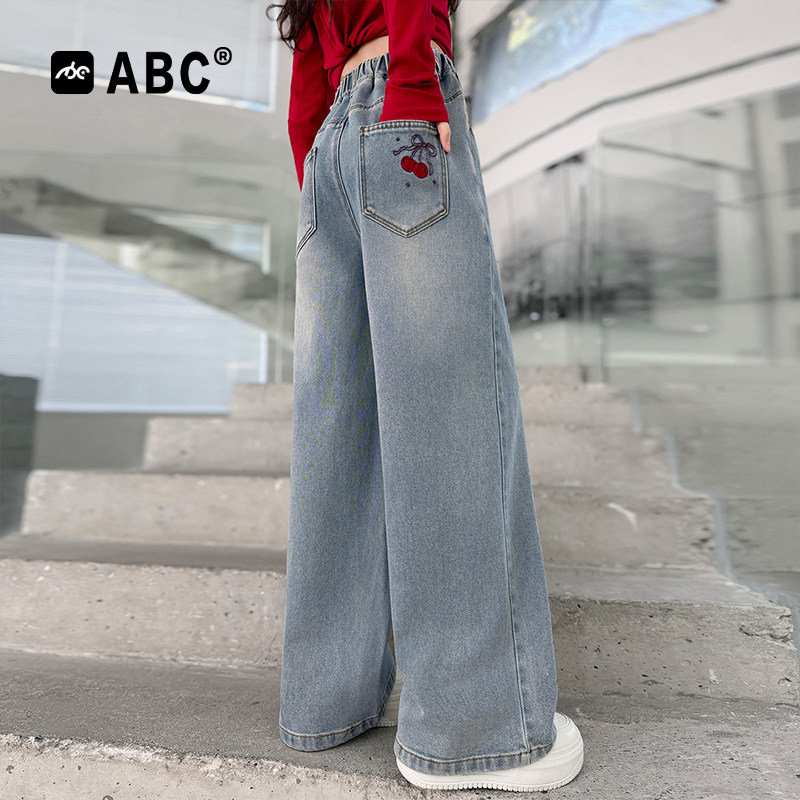 ABC女童牛仔裤2026春季新款后袋樱桃阔腿裤中大童春秋直筒长裤潮,童装/婴儿装/亲子装,儿童牛仔裤,淘宝优惠券,粉丝福利购,淘宝优惠卷