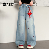 休闲裤 ABC女童春季 儿童绣花小猫阔腿裤 中大童时尚 牛仔裤 2026新款