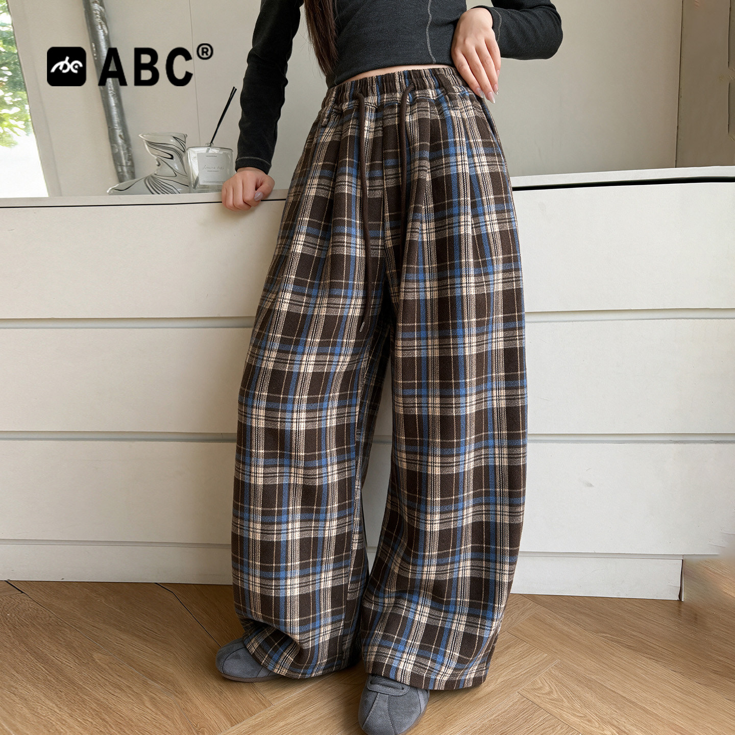 ABC女童春秋韩范休闲格子裤2026新款大童女孩洋气秋季百搭阔腿裤