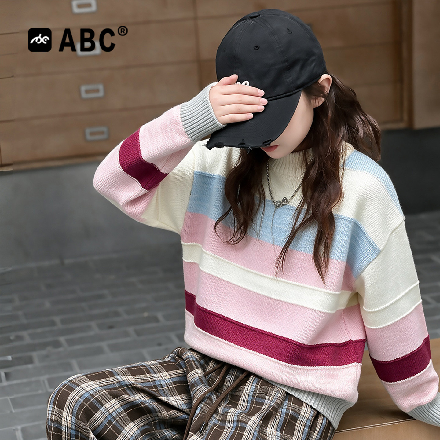 ABC女童洋气毛衣儿童冬装2026秋冬条纹针织衫学院毛线上衣