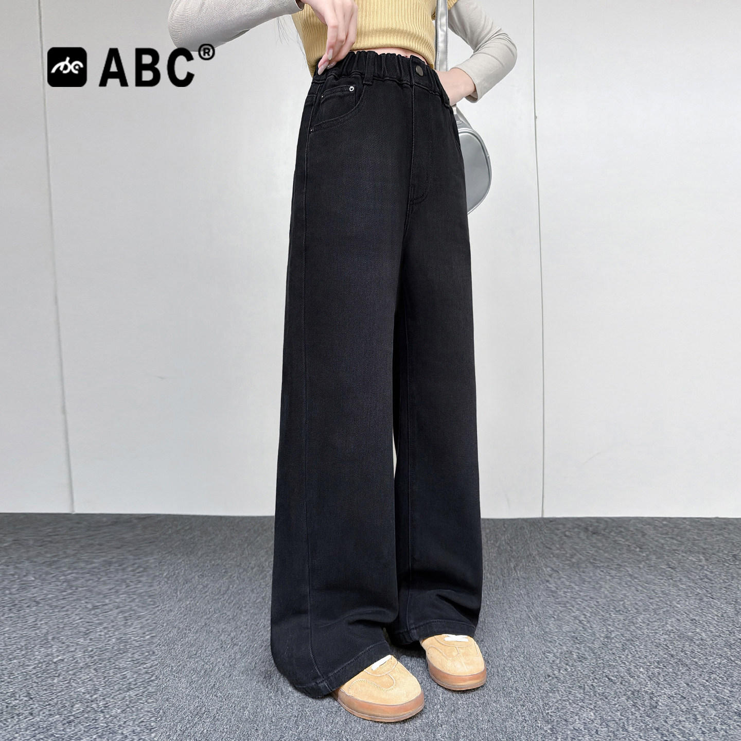 ABC女童裤子秋季儿童黑色牛仔裤2026新款洋气童装大童直筒阔腿裤