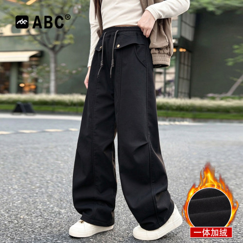 ABC女童加绒休闲裤冬季儿童裤子2026新款秋冬中大童一体绒弯刀裤