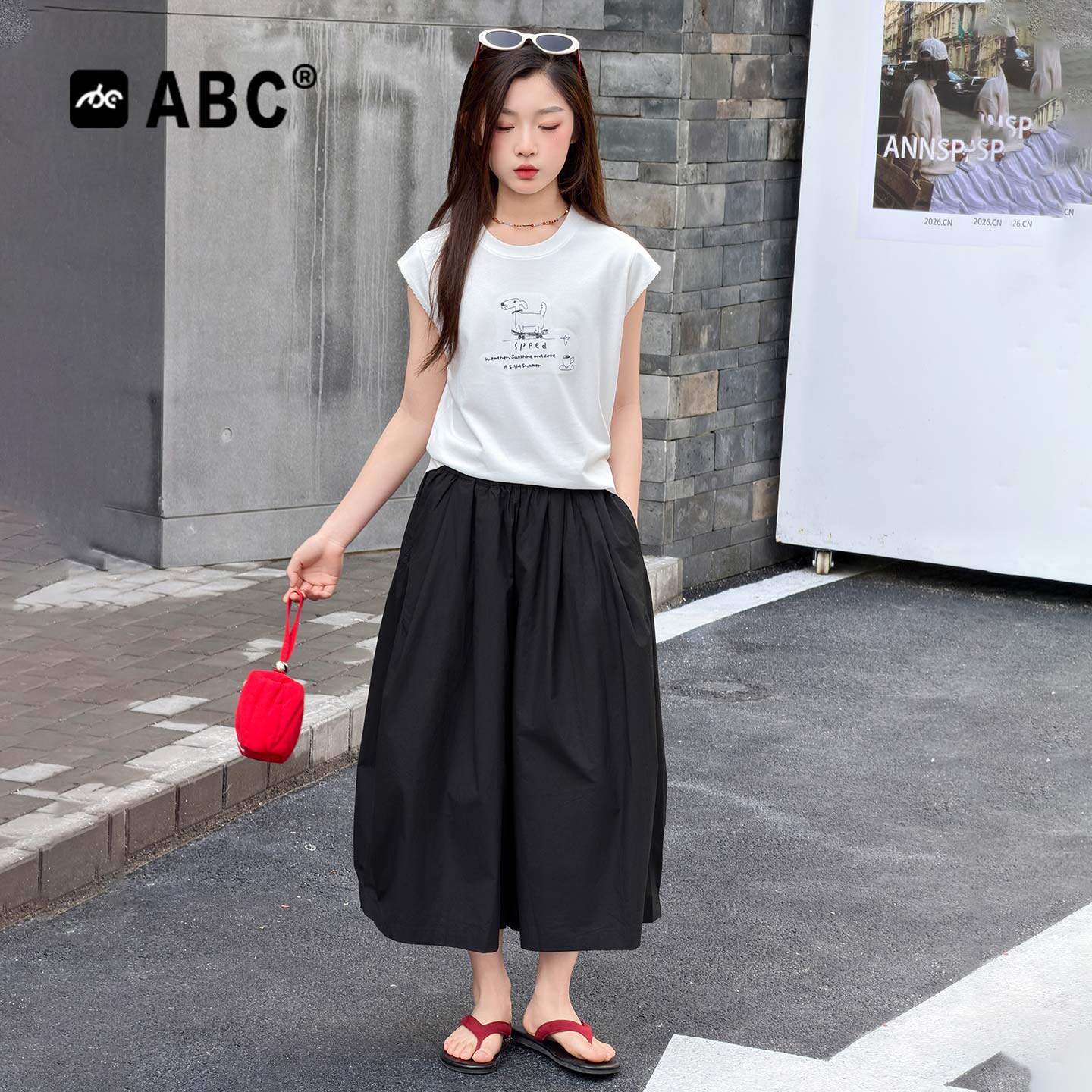 ABC女童夏季套装2026新款女孩小狗印花夏装休闲裤儿童时髦两件套