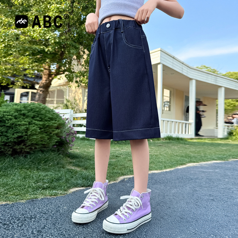 ABC女童夏季牛仔短裤2025新款女孩口袋绣花薄款中裤女大童五分裤