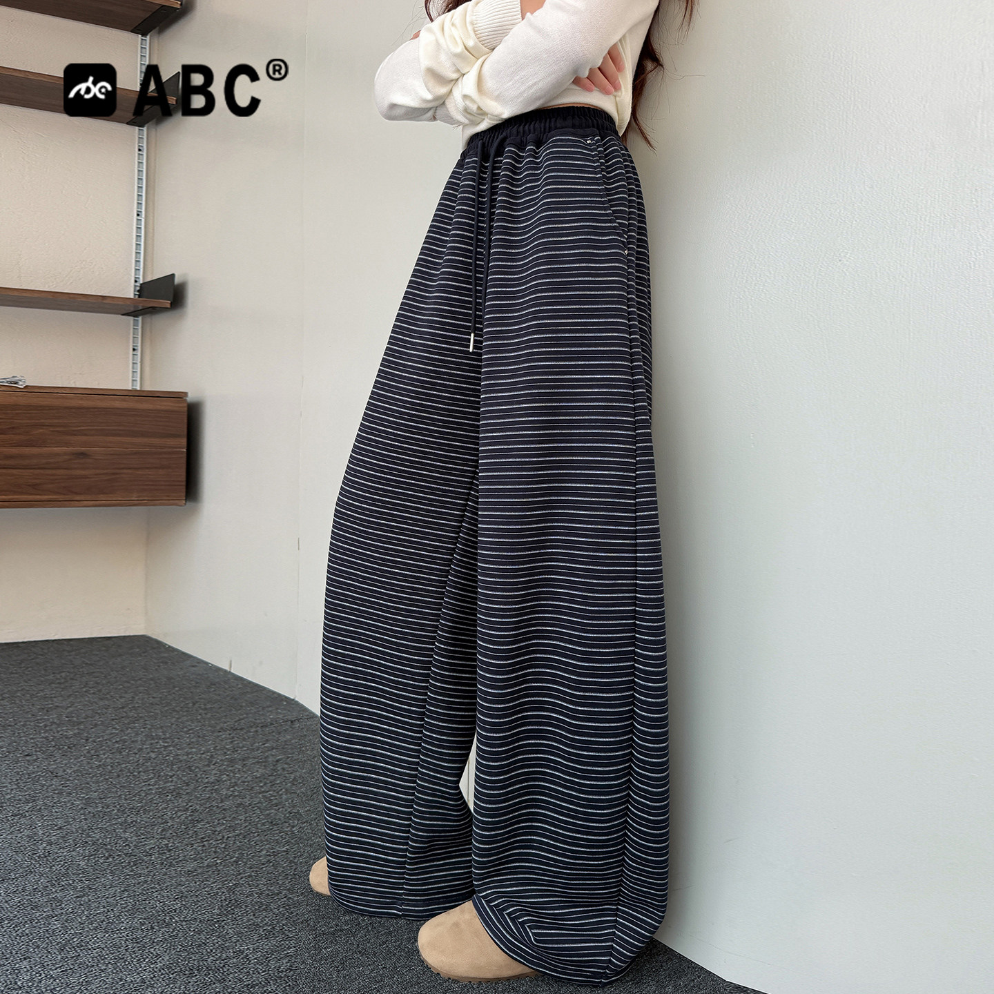 ABC女童春秋卫裤2026新款女孩条纹时髦阔腿裤中大童百搭运动裤潮