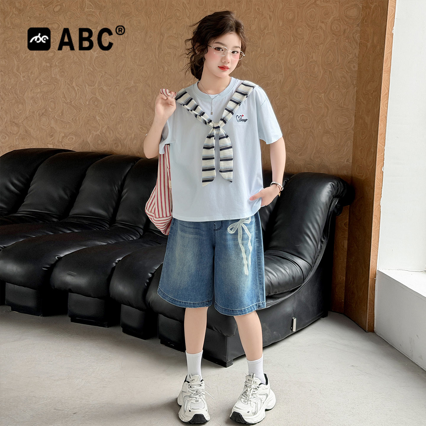 ABC女童夏季牛仔短袖五分裤套装
