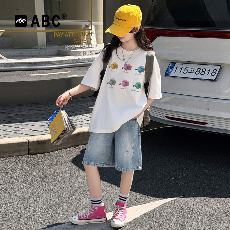 ABC女童夏季帽子短袖牛仔两件套