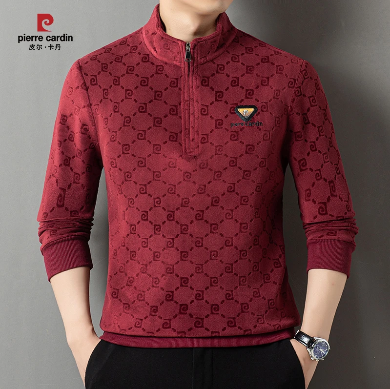 皮尔卡丹秋冬季摇粒绒长袖T恤男士中年立领半拉链加绒加厚卫衣男