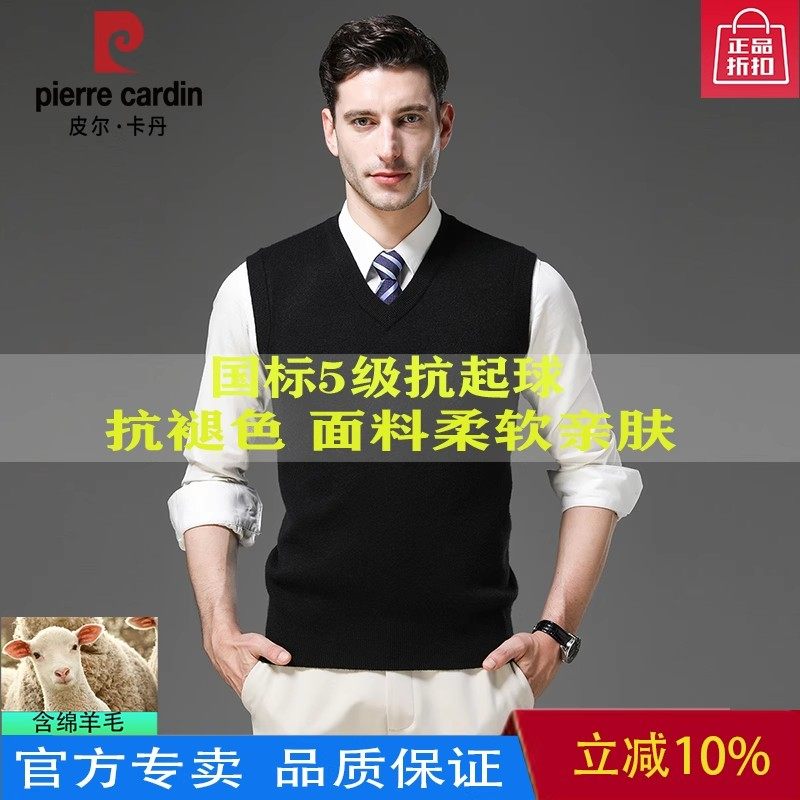 皮尔卡丹100%羊毛衫男士V领毛衣
