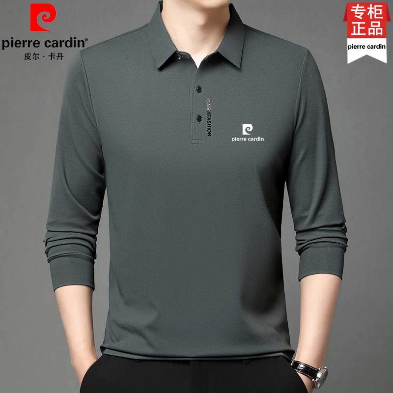 皮尔卡丹高档桑蚕丝翻领POLO衫男士春秋季新款中年休闲长袖T恤男