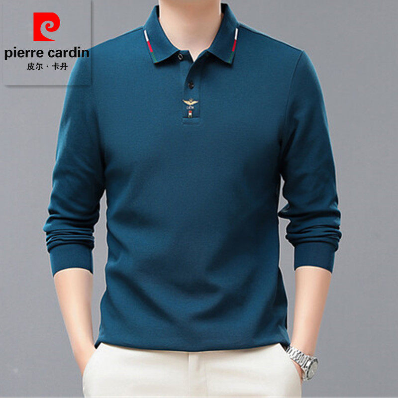 皮尔卡丹100%纯棉长袖T恤男士秋冬季加绒中年男装打底翻领POLO衫