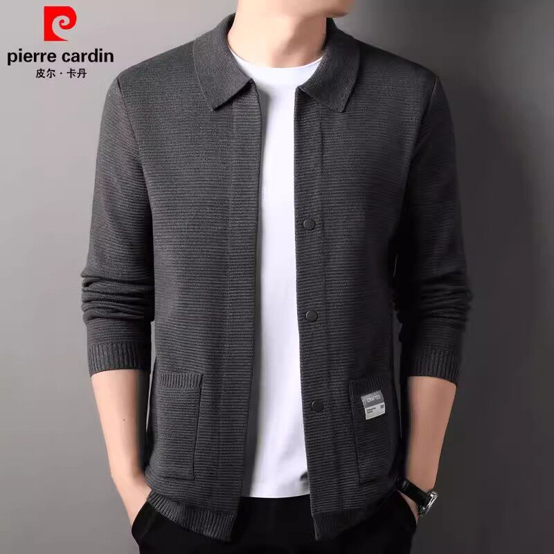 皮尔卡丹秋冬季新款针织开衫男士外套中年爸爸装商务休闲翻领毛衣