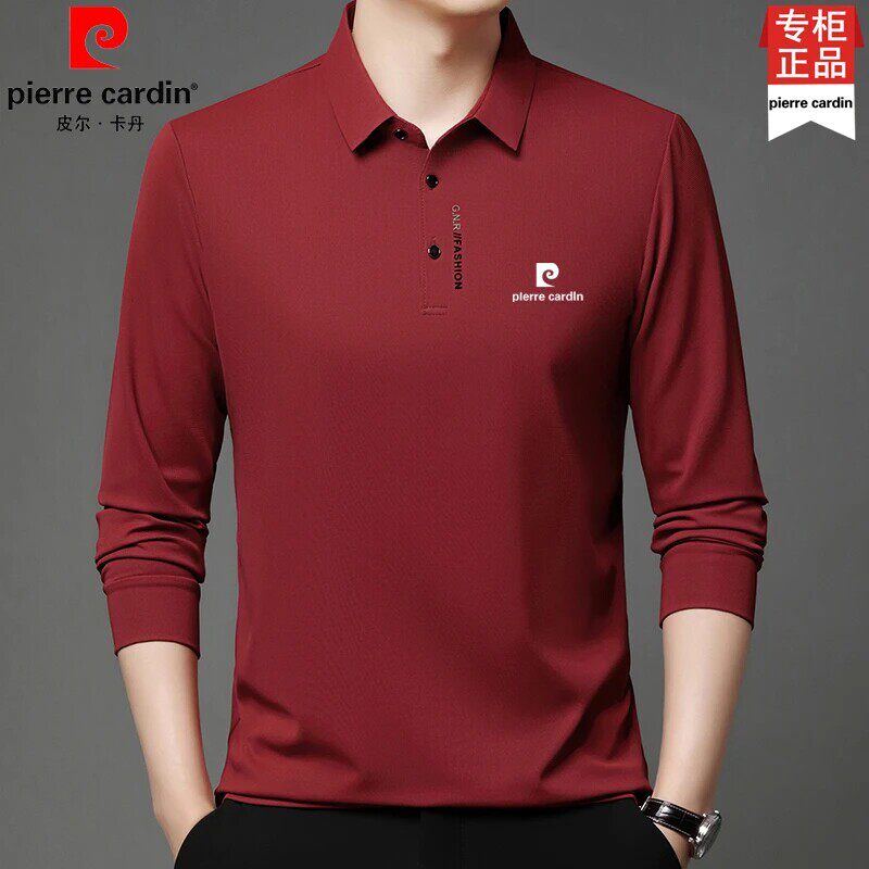皮尔卡丹高档休闲桑蚕丝长袖t恤男士春秋新款体恤中年翻领POLO衫