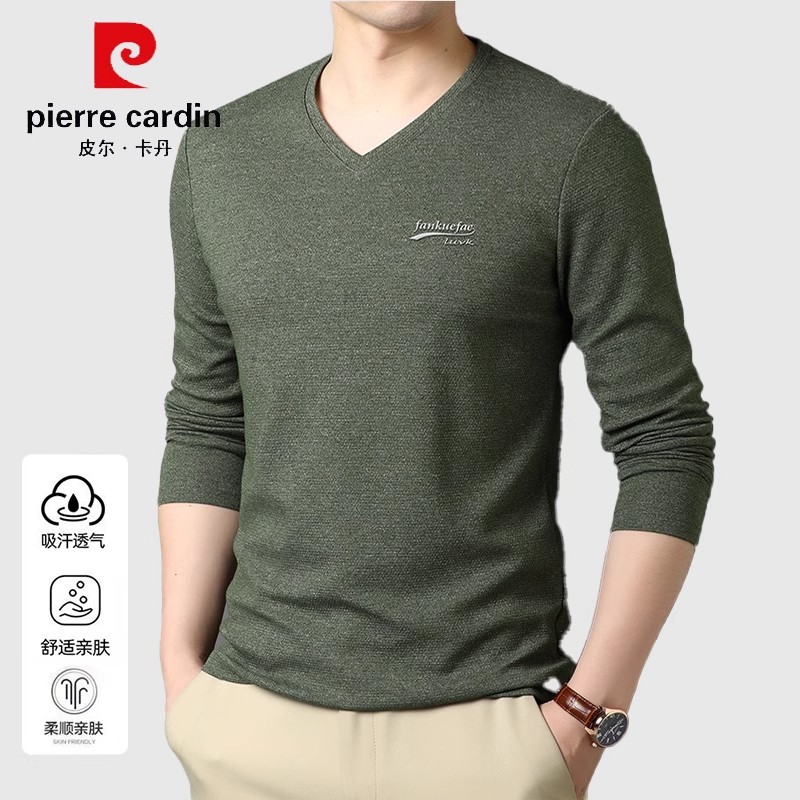 皮尔卡丹丝光棉长袖T恤男士秋冬新款V领中年男装休闲鸡心领打底衫
