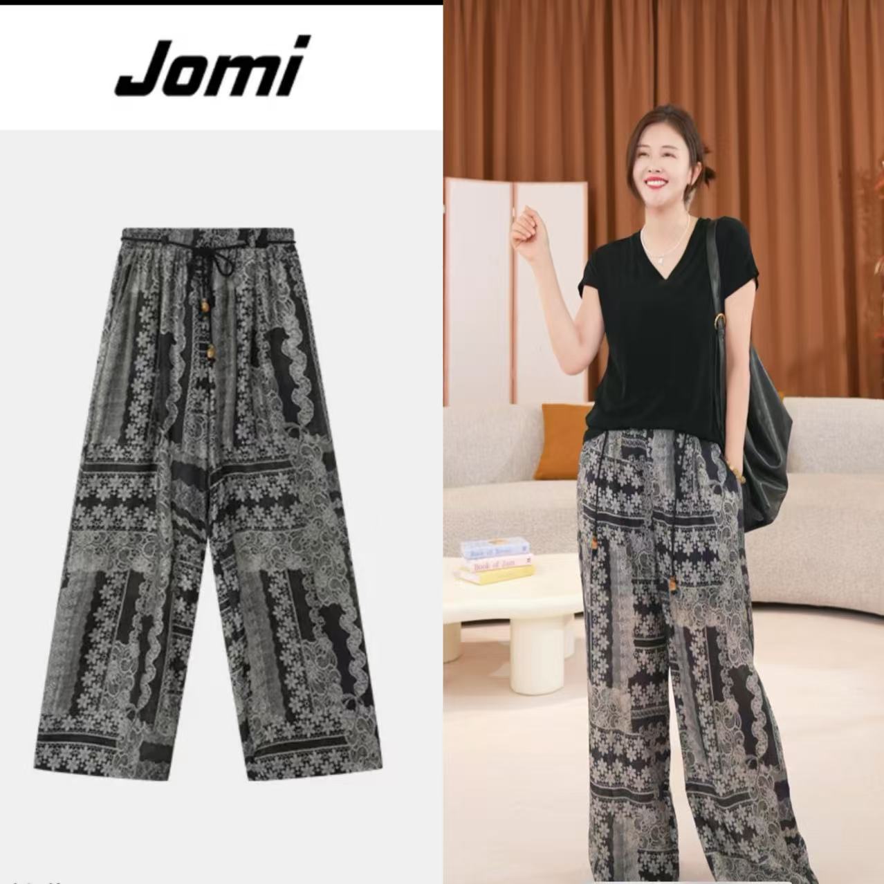 JOMI复古印花阔腿裤女2025小众设计垂坠感休闲裤