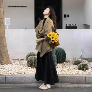 冬装搭配一整套装赫本风韩系气质微胖mm毛呢外套大衣半身裙两件套