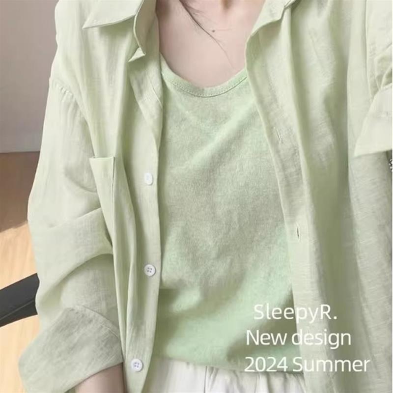 粉色棉麻防晒衬衫女夏小个子宽松衬衣外搭开衫初春薄外套亚麻上衣