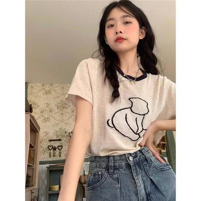 卡通冰丝凉感针织衫短袖T恤女夏季设计感小众撞色圆领正肩上衣潮