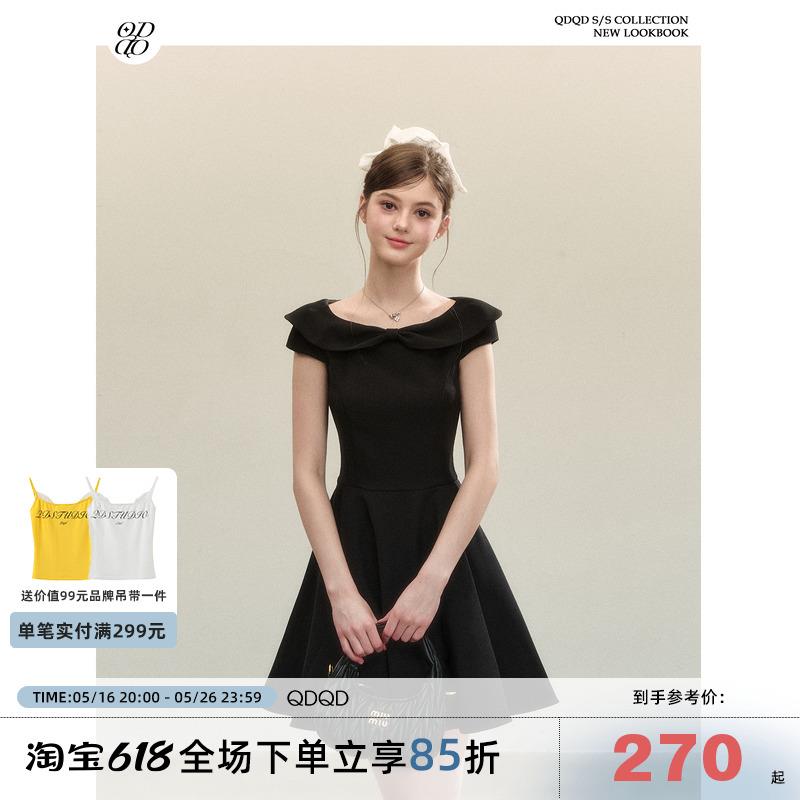QDQD 气质一字肩黑色连衣裙夏季新款收腰显瘦法式高级感蓬蓬短裙