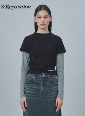 RestandRecreation官方2025秋季新款RR撞色拼接假两件休闲长袖T恤