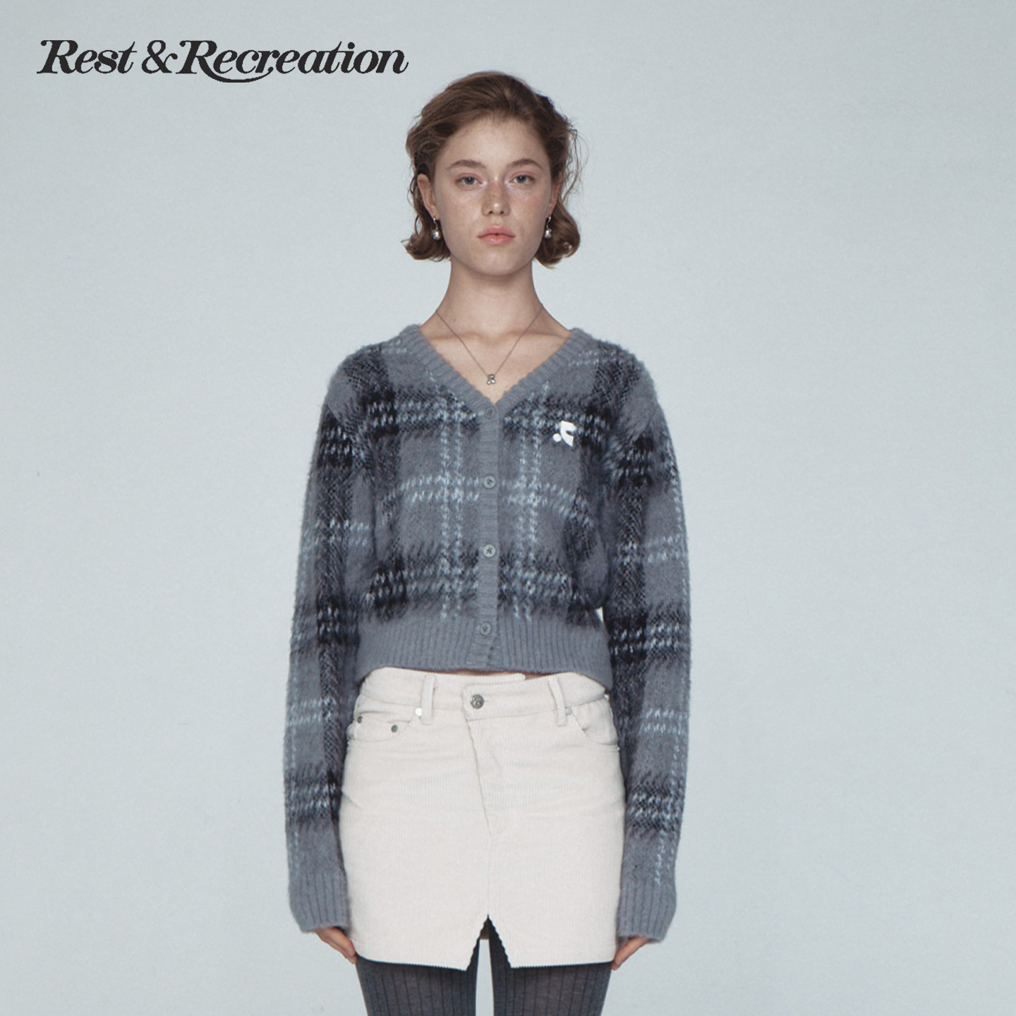 RR马海毛格纹短款V领针织开衫