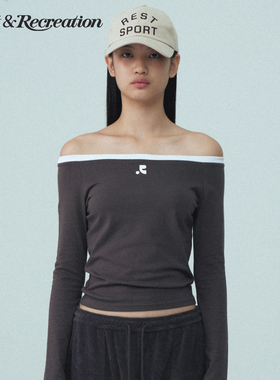 RestandRecreation官方拼色一字领长袖露肩上衣2025新款RR修身T恤