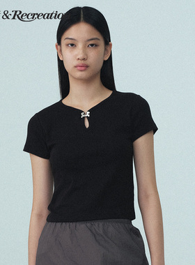 RestandRecreation官方纯色镂空领短袖T恤2025新款RR设计感上衣女