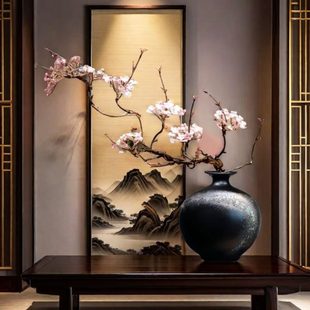 玄关插花花器 客厅禅意黑色家居陶瓷花瓶复古茶室陶瓷梅瓶新中式