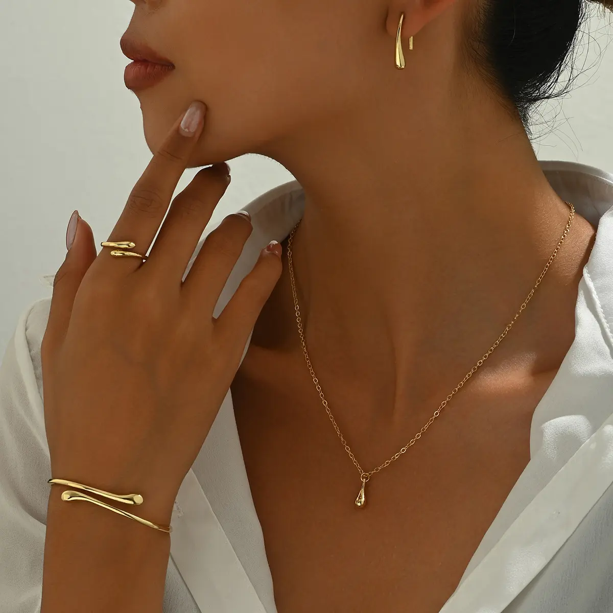 简约清新韩版耳环项链首饰套装女水滴设计戒指个性开口调节手镯