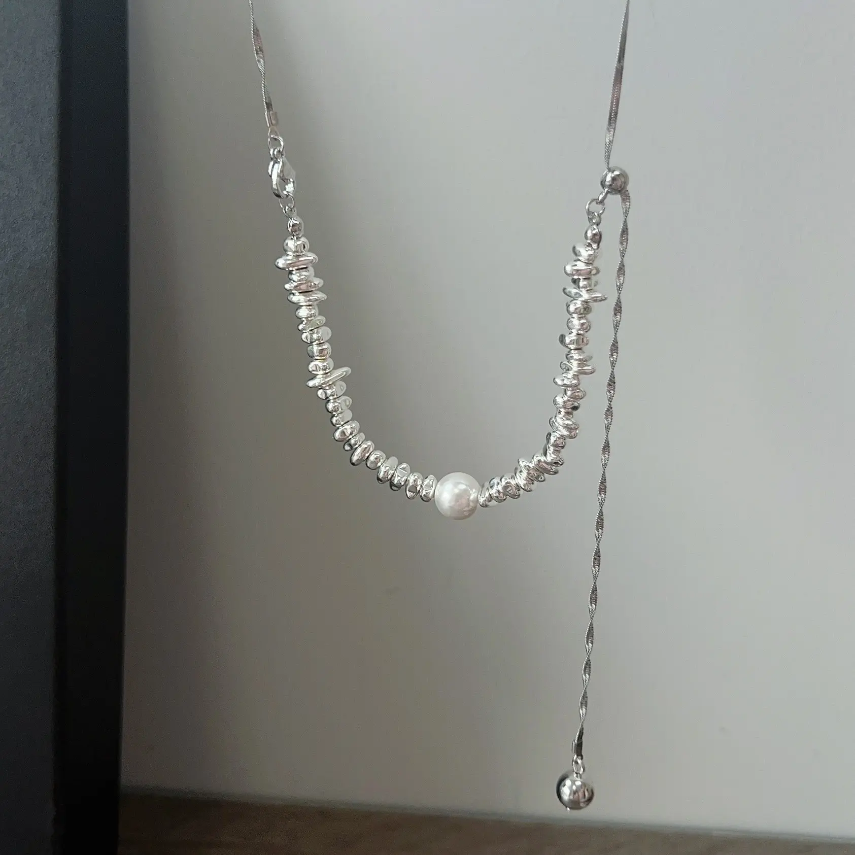 简约超火碎银几两抽拉项链小众设计百搭气质锁骨链高级感珍珠颈链