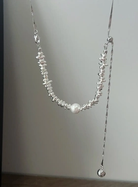 简约超火碎银几两抽拉项链小众设计百搭气质锁骨链高级感珍珠颈链