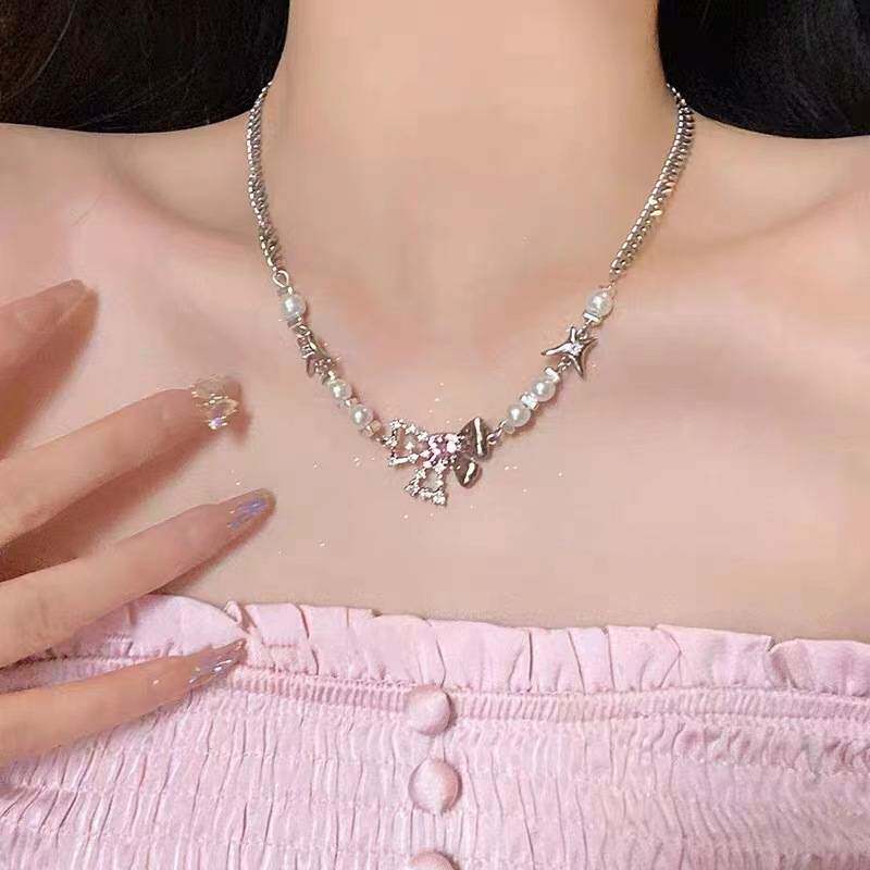 蝴蝶结锆石珍珠项链女款夏季网红甜酷辣妹配饰轻奢小众甜美锁骨链