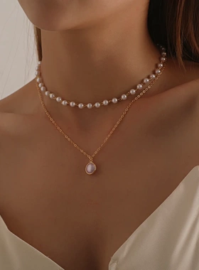 欧美饰品 时尚锁边珍珠吊坠多层项链女 气质流行个性新品项饰