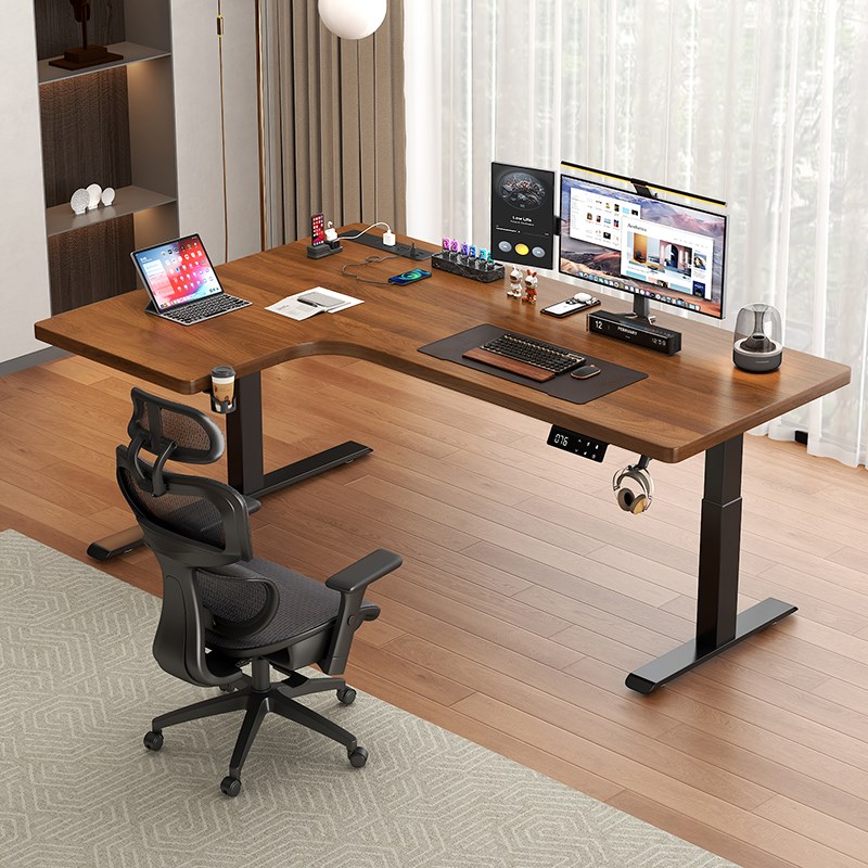 实木转角电动g升降桌双人电脑桌家用办公桌学习桌L型电竞拐角书桌