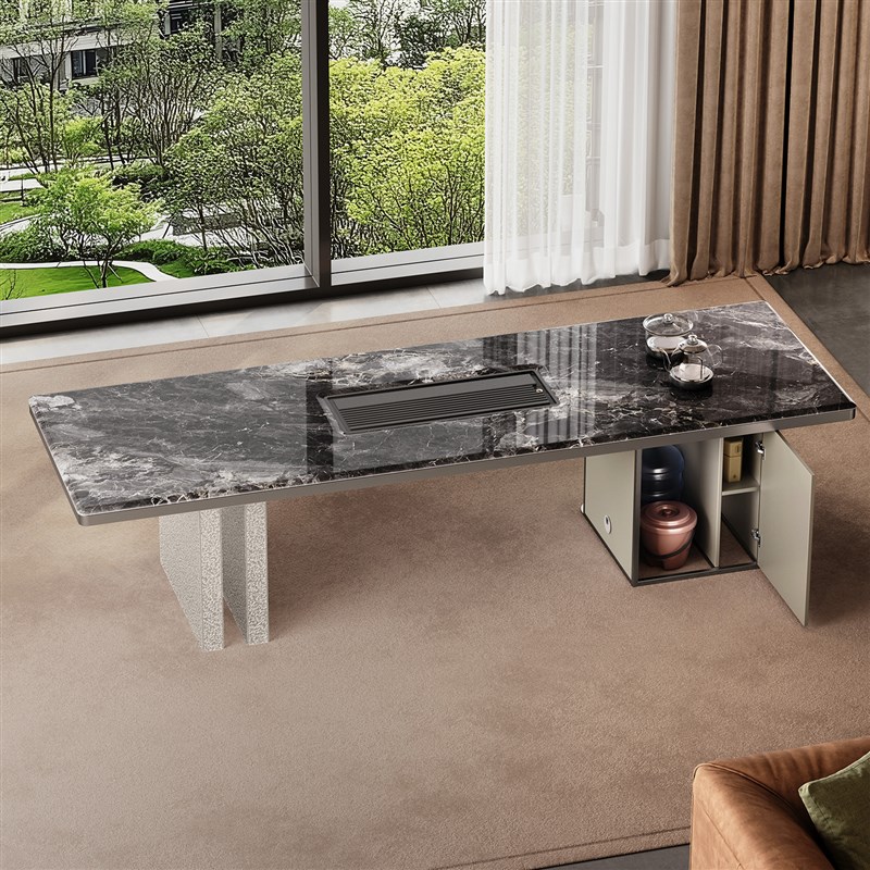 现代简约极简岩板茶桌一桌五椅A办公室茶台现代轻奢茶台桌网红泡