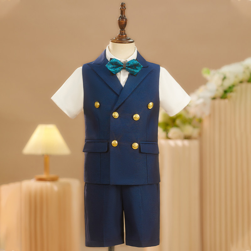 儿童西装套装男童学院风演出服蓝色双排扣马甲短裤合唱表演服