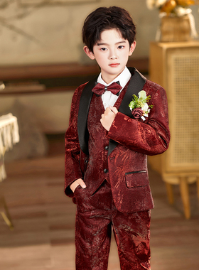 男童礼服西装闪亮主持人钢琴演出服儿童走秀红色花童婚礼花童西服