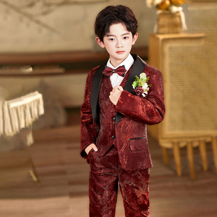 男童礼服西装闪亮主持人钢琴演出服儿童走秀红色花童婚礼花童西服