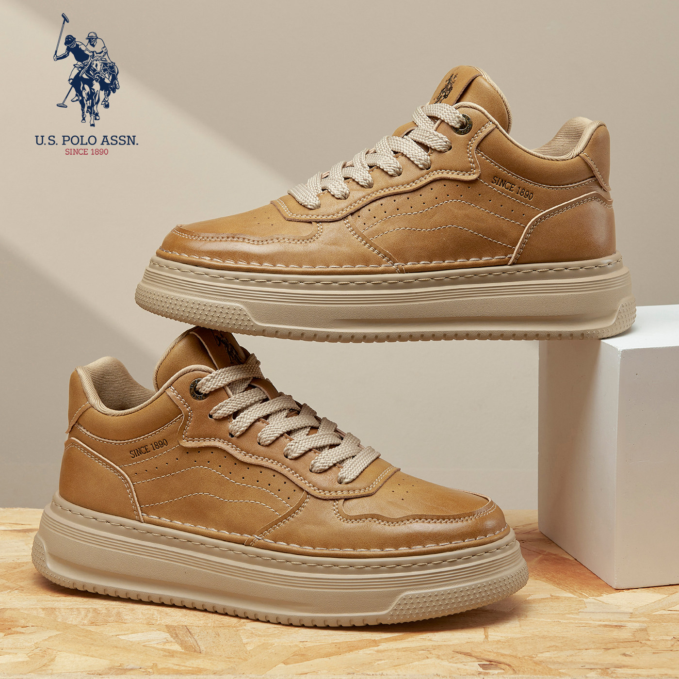 USPA官方正品休闲皮鞋男鞋子百搭英伦风板鞋男2026春季新款潮鞋