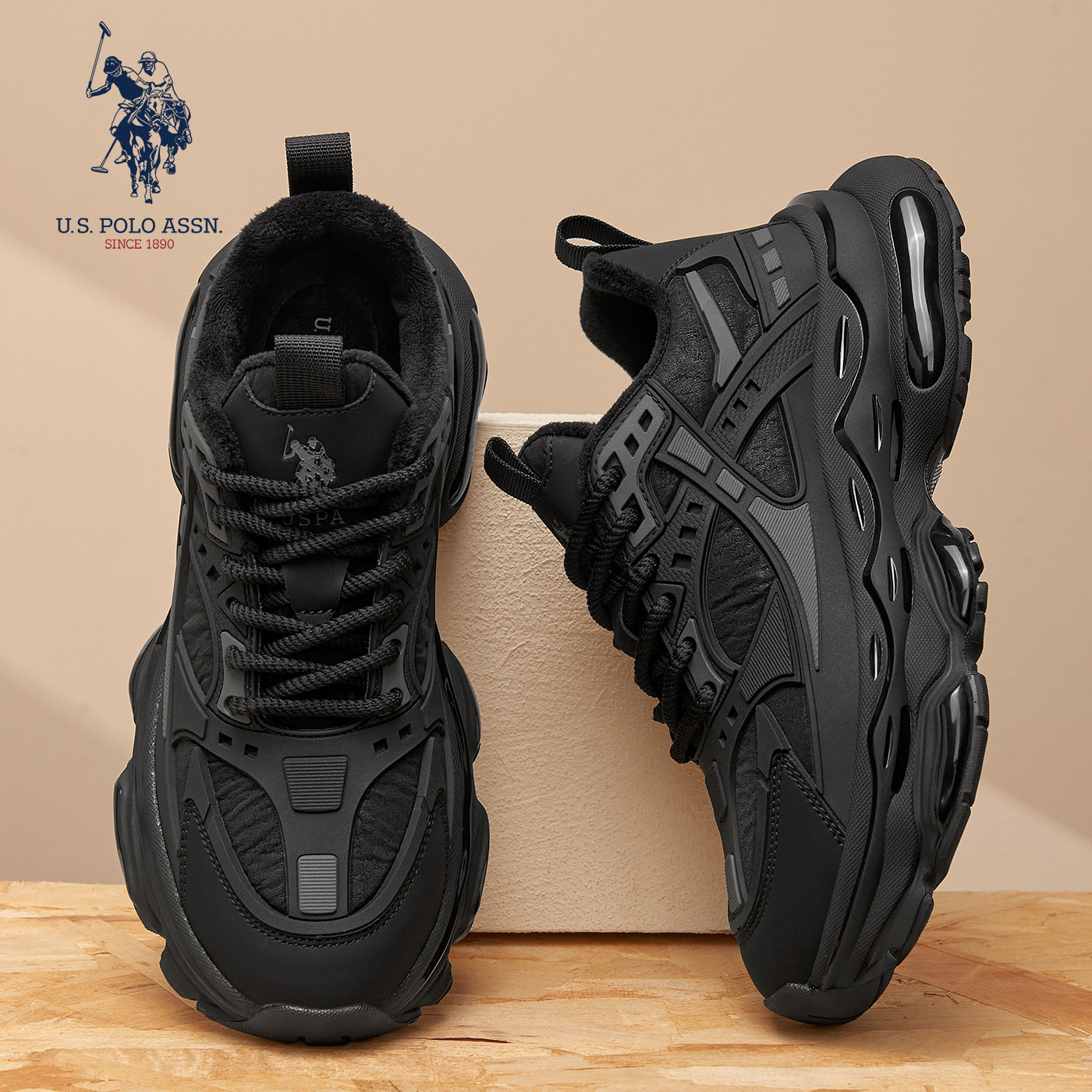 USPA官方正品老爹鞋男款秋冬季2025新款真皮增高黑武士休闲运动鞋