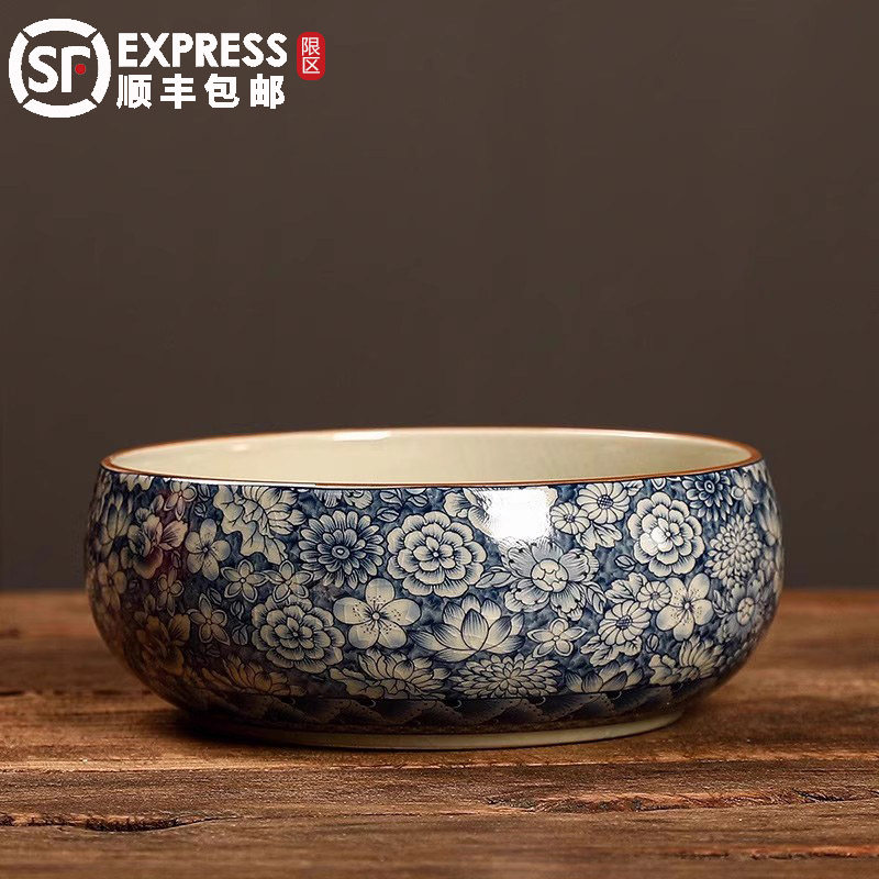 汝窑青花茶洗家用开 片大水盂茶道零配件洗茶器烟灰缸建水功夫茶