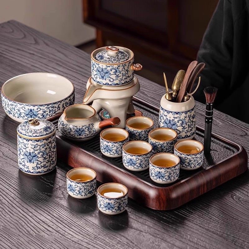 高档家用半自动茶壶青花汝窑功夫茶具套装泡茶器办公室礼盒装送礼