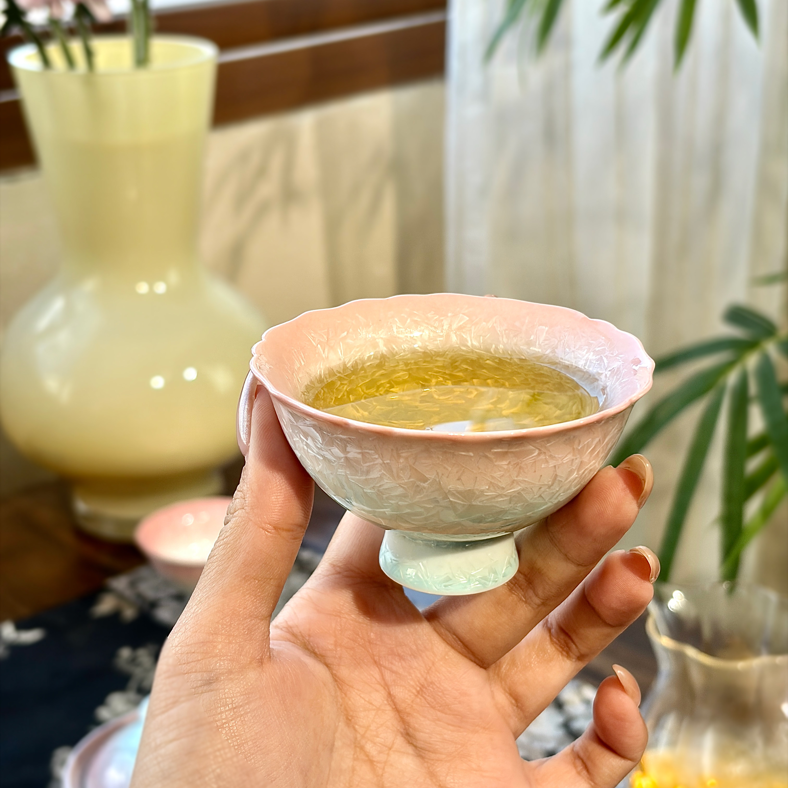 窑变结晶釉冰花渐层粉花边杯陶瓷家用主人杯品茗杯茶杯茶盏单杯